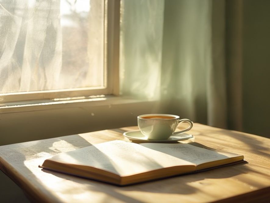Morgon arbetsdag med kaffe och anteckningar på ett organiserat skrivbord
